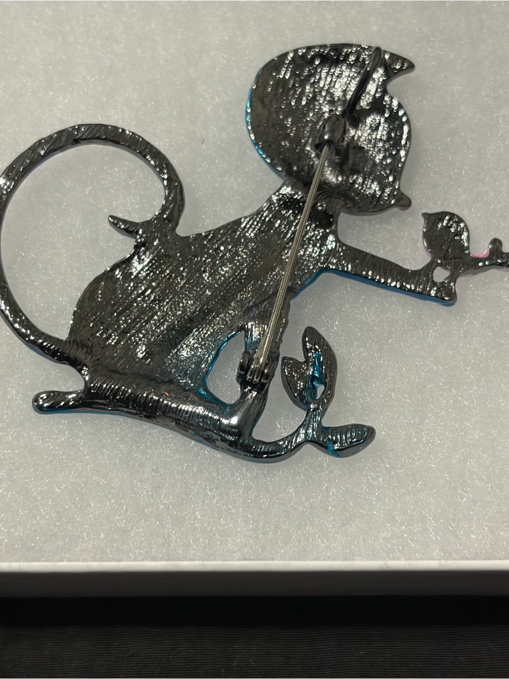 Teal Enamel Cat Brooch with Pink Bird Accent - Picture 2 of 5
